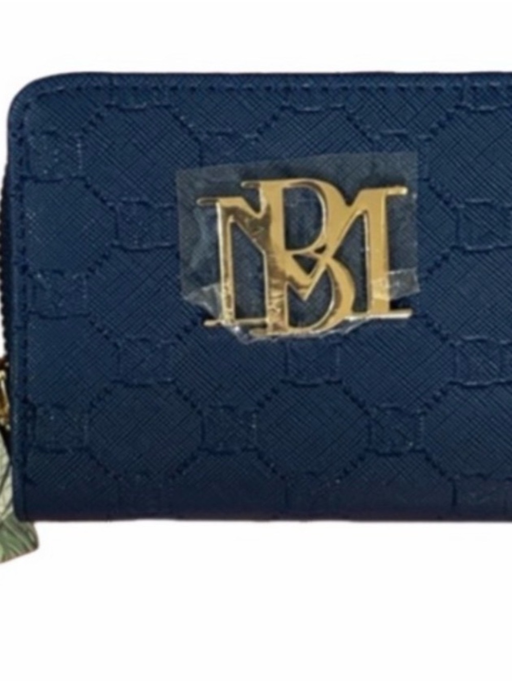 Badgley Mischka Navy Quilted Zip-Around Wallet with Gold Logo